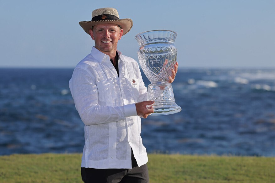 Matt Wallace celebrating winning the 2023 Corales Puntacana Championship.