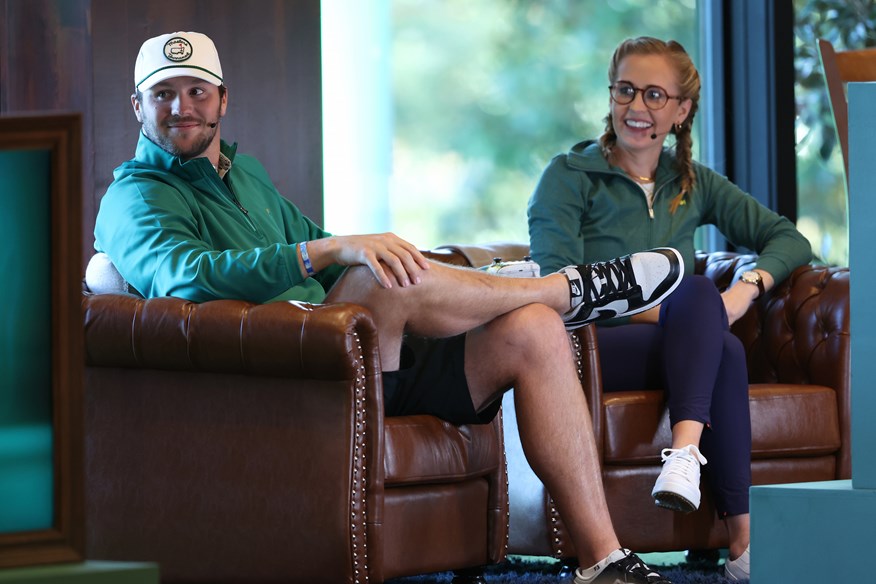 NFL star Josh Allenand broadcaster Iona Stephen take part in the Road to the Masters Invitational EA Sports event prior to the 2023 Masters Tournament at Augusta National Golf Club.