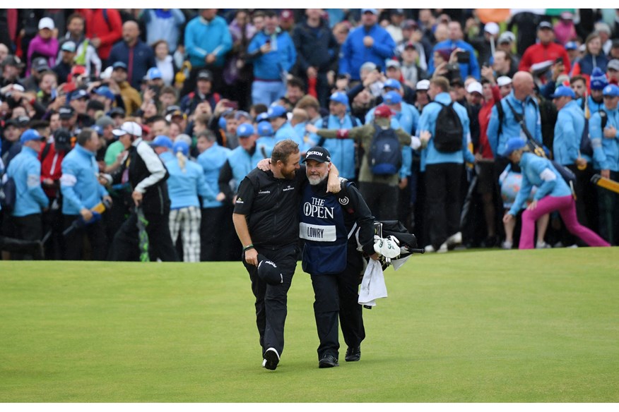 Shane Lowry and former caddie Bo Martin celebrate at the 2019 Open at Royal Portrush.