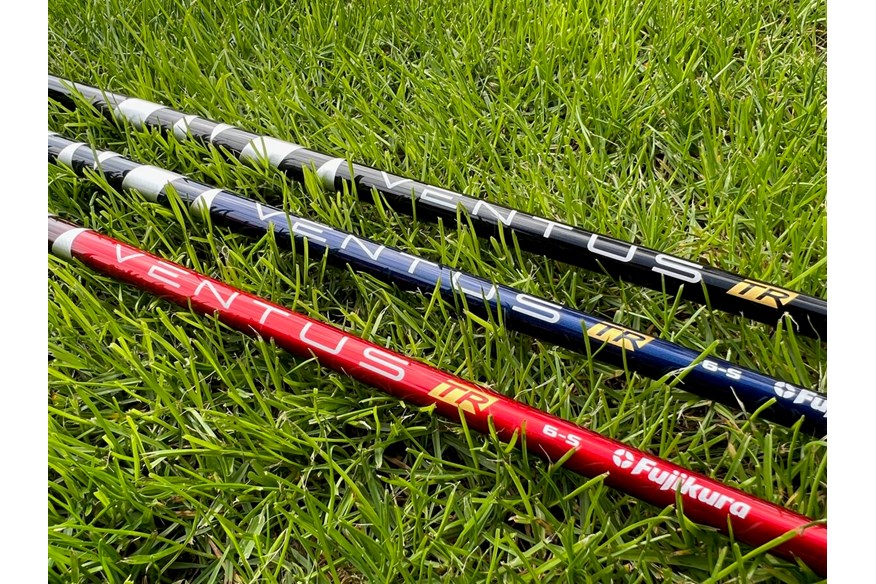 The Fujikura Ventus TR Red, Blue and Black driver shafts sat on grass 