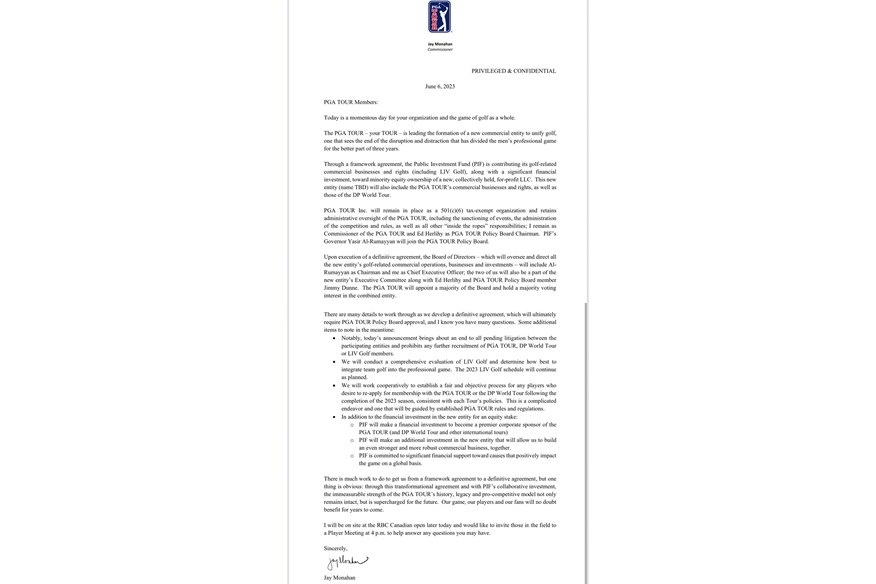 The letter Jay Monahan sent to PGA Tour players following news of the merger with PIF.