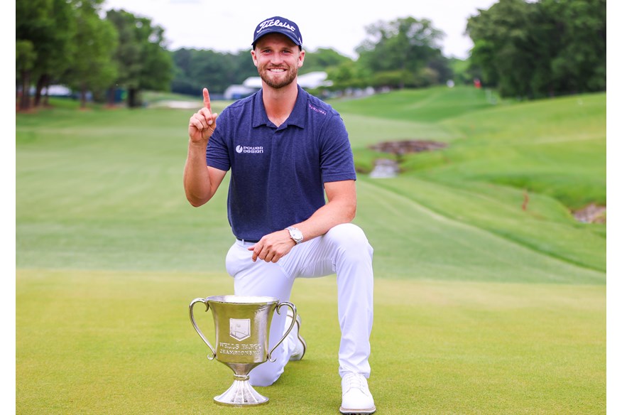 Wyndham Clark with the Wells Fargo Championship trophy.