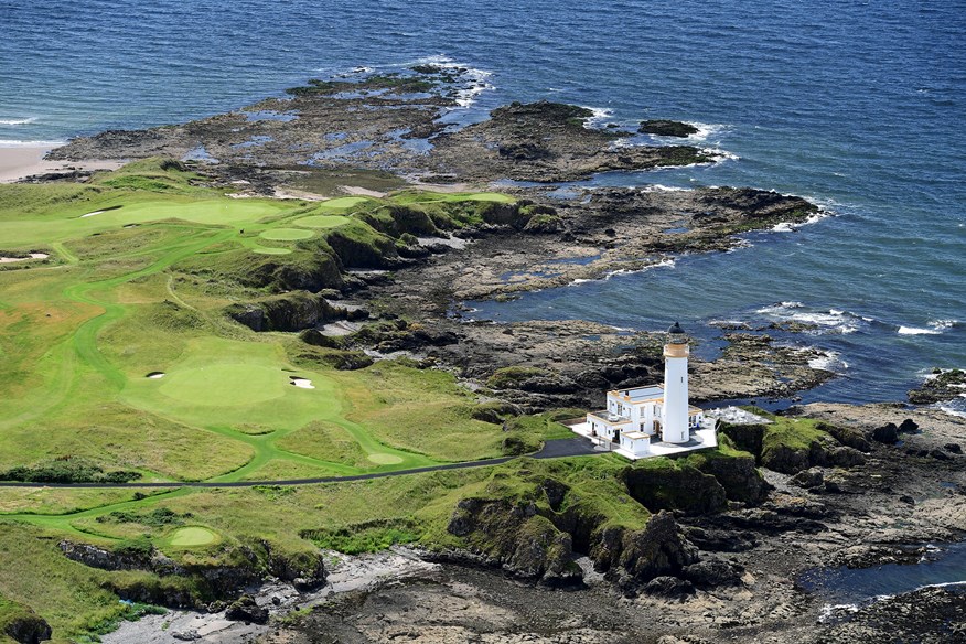 Turnberry's famous par-3 9th hole and lighthouse from above. 