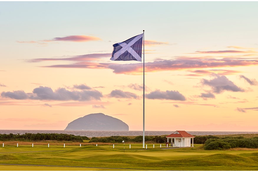 The Saltire flies with the Ailsa Craidg in the background at Trump Turnberry.