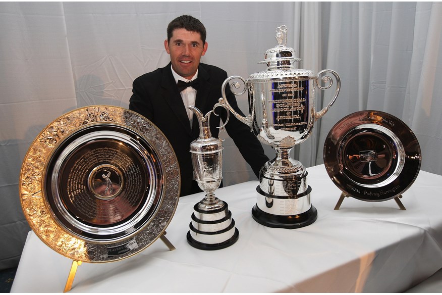 Padraig Harrington with the Claret Jug, Wanamaker Trophy, the European Tour Player of the Year and Players' Player of the Year trophies in 2009.