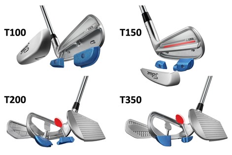 A graphic showing the internal weighting of the Titleist T100, T150, T200 and T350 irons