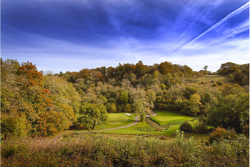 The elevated par-3 17th is the signature hole at The Manor House.