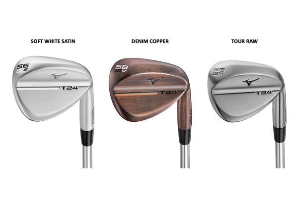 The three finishes of Mizuno T24 wedges - Soft White Satin, Denim Copper, Tour Raw 