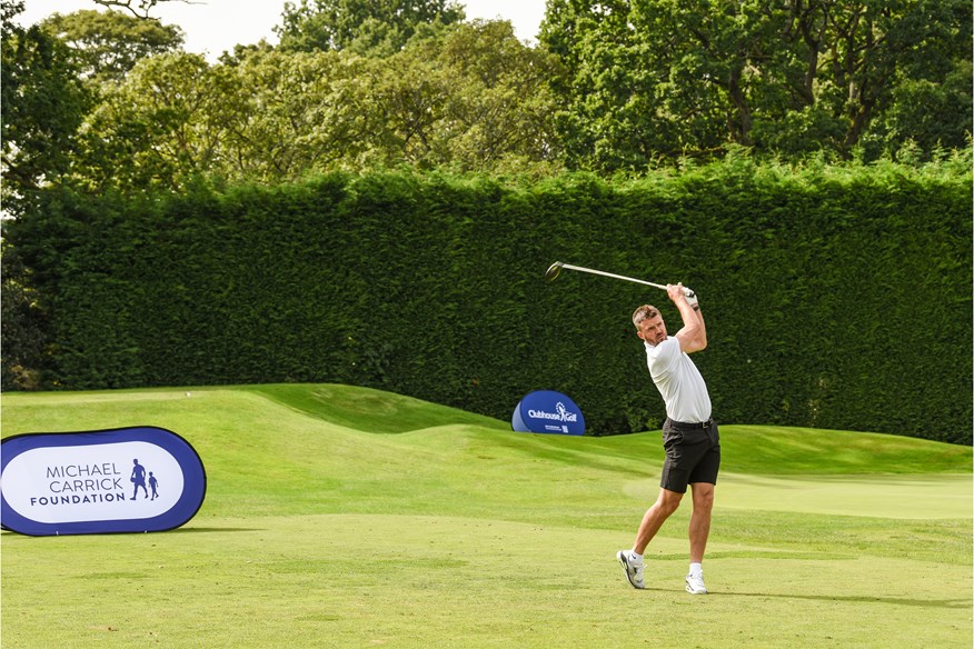 Michael Carrick hitting the first shot of the day at the Michael Carrick Foundation Golf Day