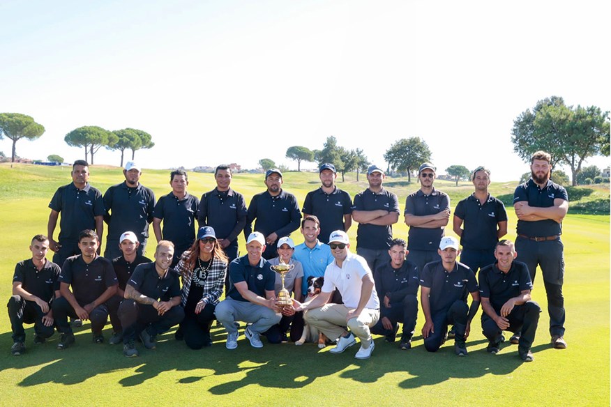 The two Ryder Cup captains with the greenkeeping team at Marco Simone Golf & Country Club.