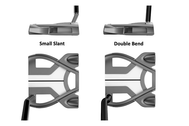 The TaylorMade Spider Tour Series putters at address with both a small slant hosel and double bend shaft