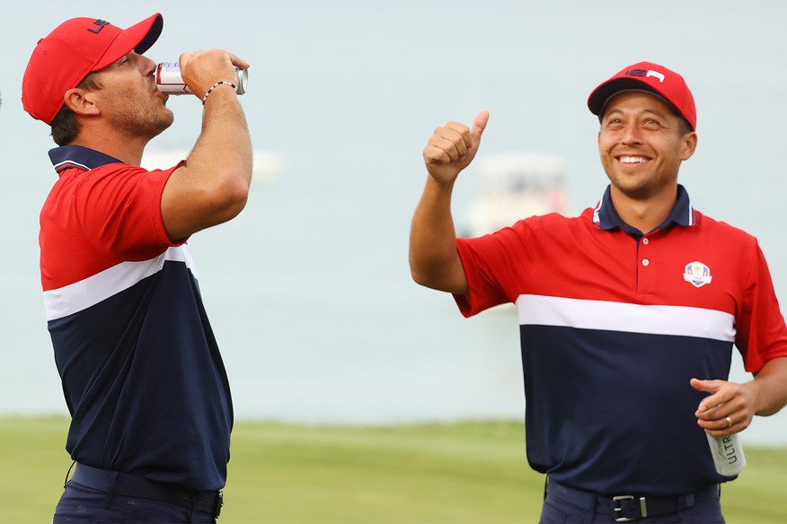 Brooks Koepka celebrates winning 2021 Ryder Cup with Xander Schauffele