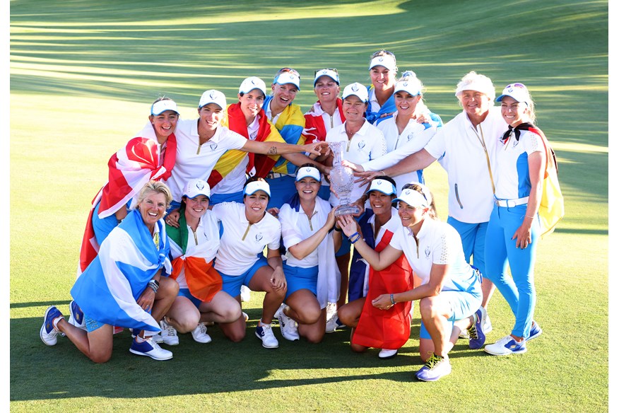 Europe celebrate winning the Solheim Cup in 2021.