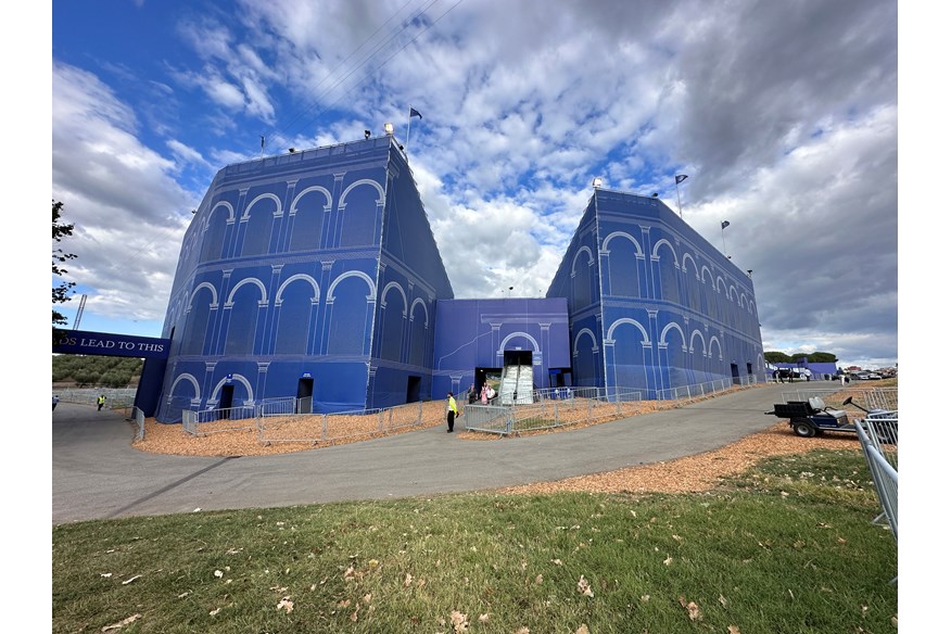 The 1st tee grandstand at the Ryder Cup in Rome has a Colosseum-themed wrap.