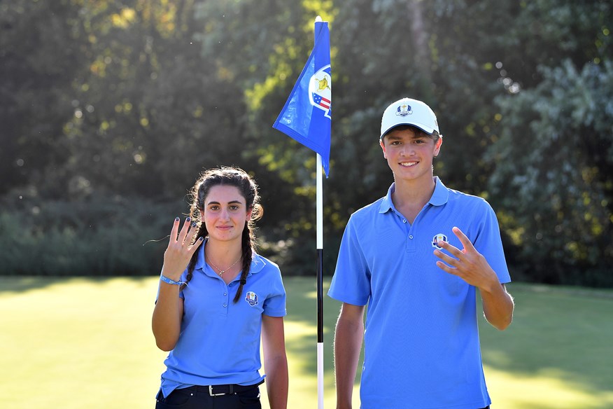 Francesca Fiorellini and Giovanni Binaghi of team Europe celebrate their 4&3 win in the Junior Ryder Cup mixed fourballs.