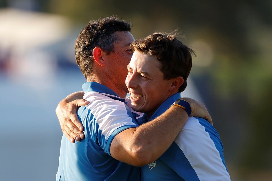 Matt Fitzpatrick celebrates his first Ryder Cup point.