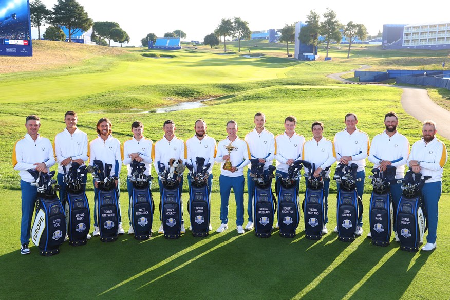 Team Europe pose for their official Ryder Cup 2023 photographs on the 1st tee at Marco Simone Golf and Country Club in Rome.