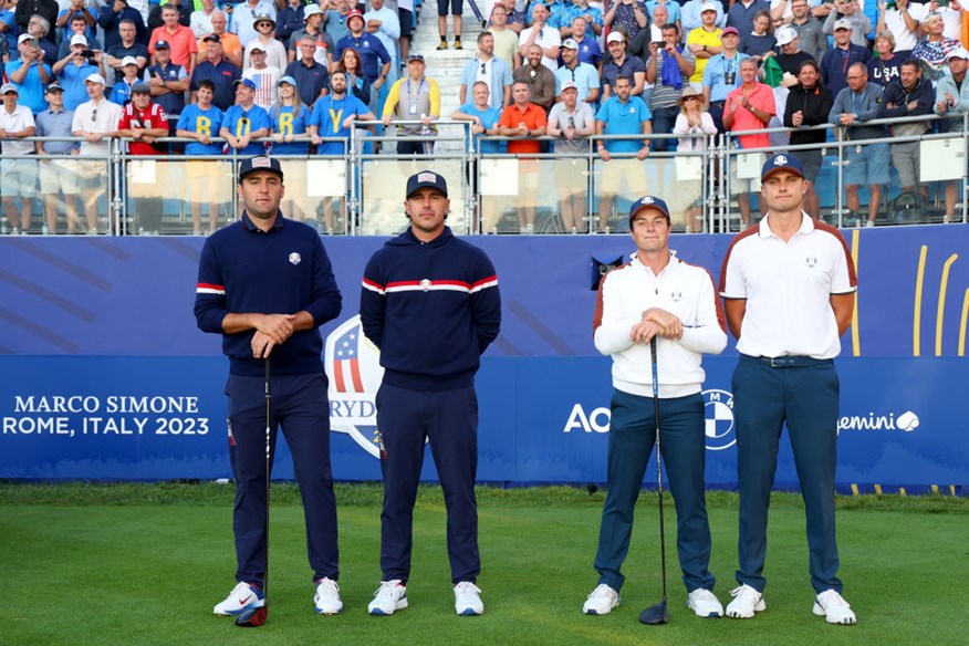 Viktor Hovland and Ludvig Aberg played Scottie Scheffler and Brooks Koepka in the Saturday foursomes at the Ryder Cup.