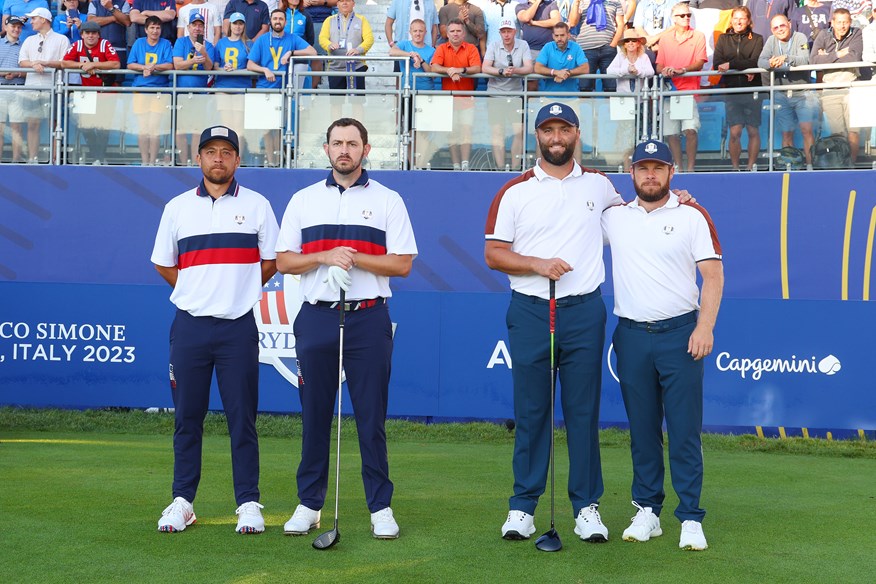 Jon Rahm and Tyrrell Hatton played Xander Schauffele and Patrick Cantlay in the Saturday foursomes at the Ryder Cup.