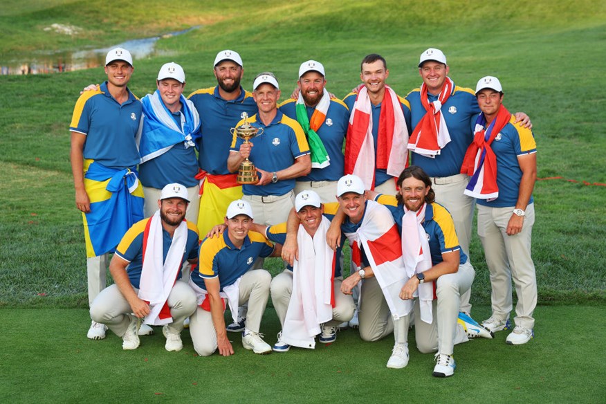 Team Europe lift the Ryder Cup in Rome.