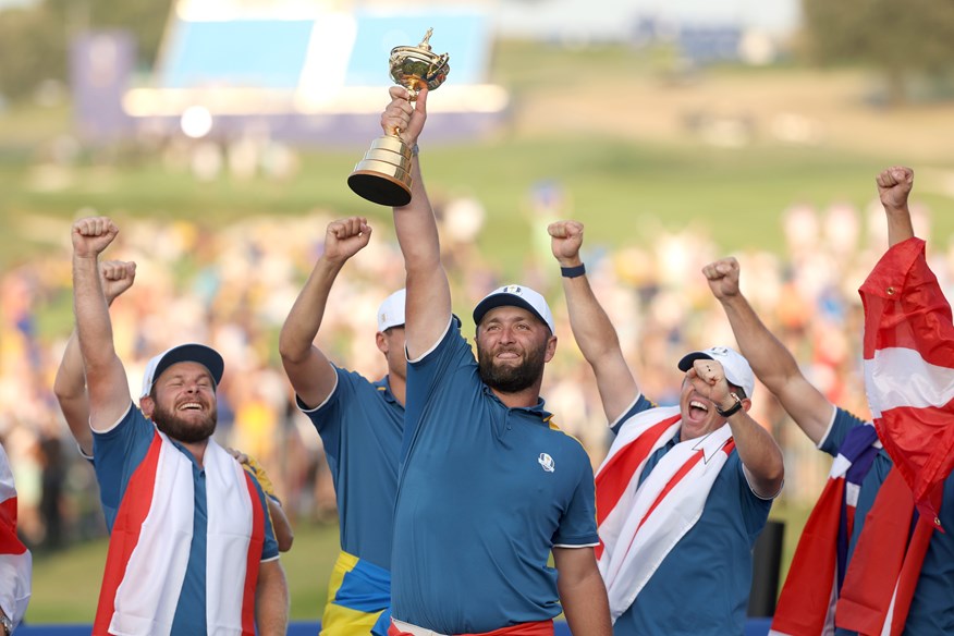 Jon Rahm, pictured lifting the Ryder Cup in Rome, says he'd pay to play in the event.