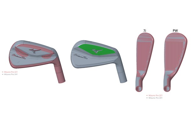 A CAD graphic showing the smaller size and thicker hitting zone of the Mizuno Pro 241 iron