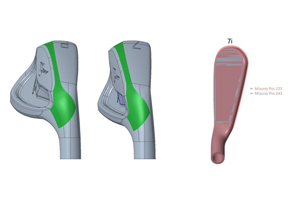 A CAD graphic showing the new size and sole grind shaping of the Mizuno Pro 243 iron