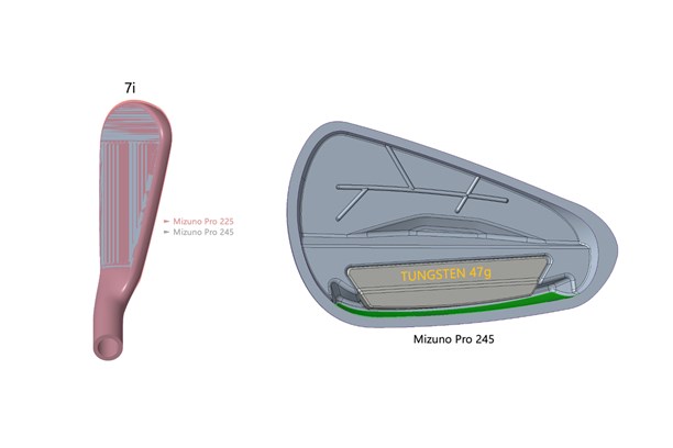 A CAD graphic showing the size of the Mizuno Pro 245 iron compared to the previous 225 model