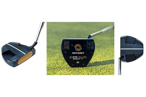 The face, sole, and address position of the Odyssey Ai-One Milled Eight T putter