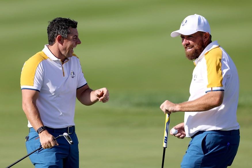 Rory McIlroy and Shane Lowry share a laugh at the Ryder Cup in Rome.