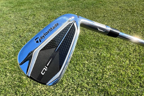 A close up of the cap back design of the TaylorMade Qi iron