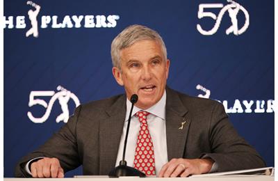 Jay Monahan address the media at the Players Championship and offers an update on the PGA Tour's merger with the PIF.