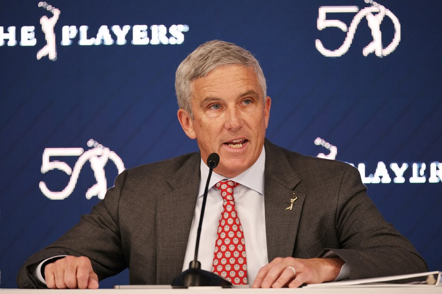 Jay Monahan address the media at the Players Championship and offers an update on the PGA Tour's merger with the PIF.