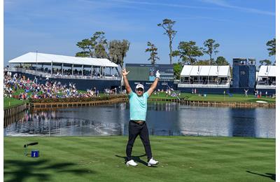 Ryan Fox celebrates his historic hole-in-one on the par-3 17th at TPC Sawgrass in the 2024 Players Championship.