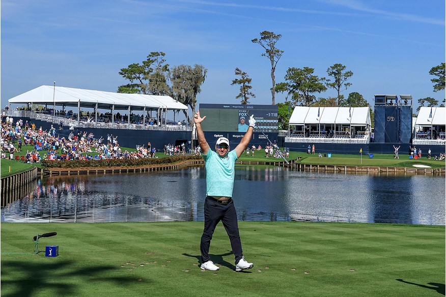 Ryan Fox celebrates his historic hole-in-one on the par-3 17th at TPC Sawgrass in the 2024 Players Championship.