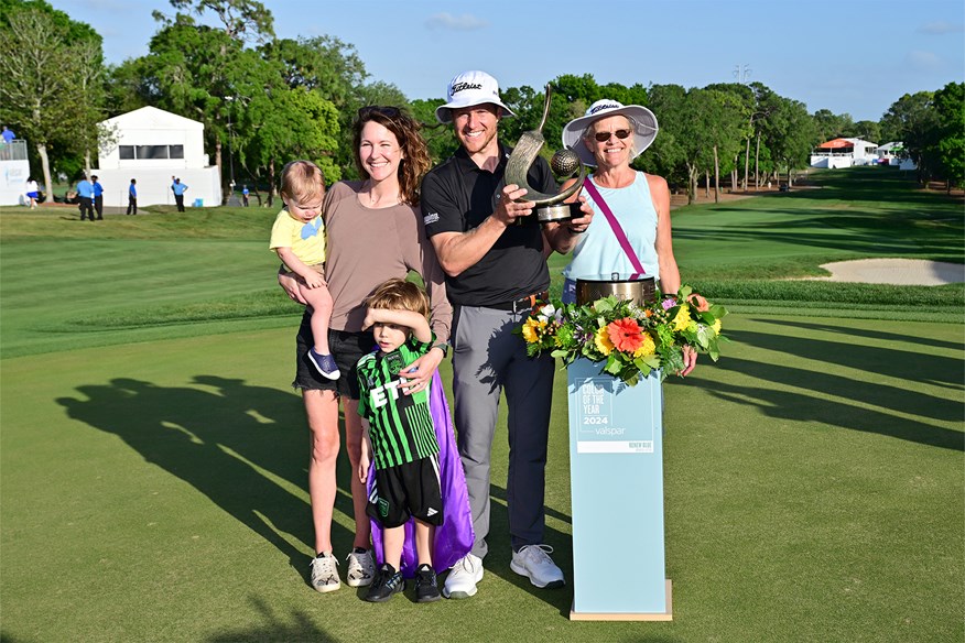 Peter Malnati celebrating his win at the 2024 Valspar Championship alongside his family