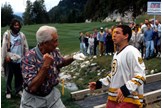 Bob Barker prepares to punch Adam Sandler in a scene from the film 'Happy Gilmore', 1996.