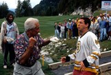 Bob Barker prepares to punch Adam Sandler in a scene from the film 'Happy Gilmore', 1996.