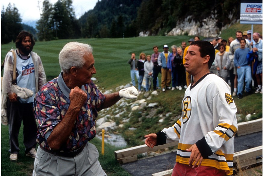 Bob Barker prepares to punch Adam Sandler in a scene from the film 'Happy Gilmore', 1996.