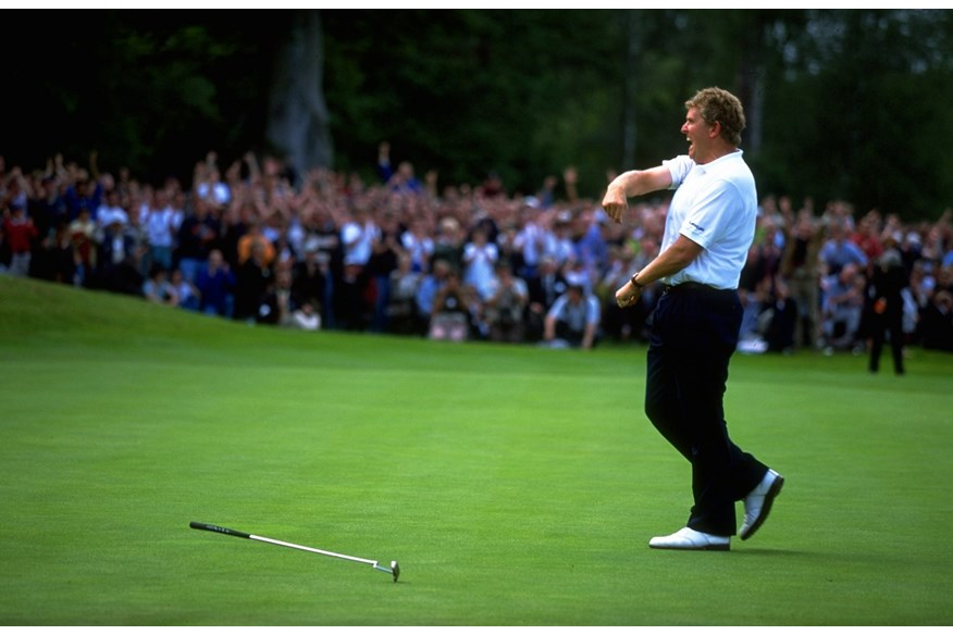 Colin Montgomerie celebrating the first of three victories in successive years at Wentworth.