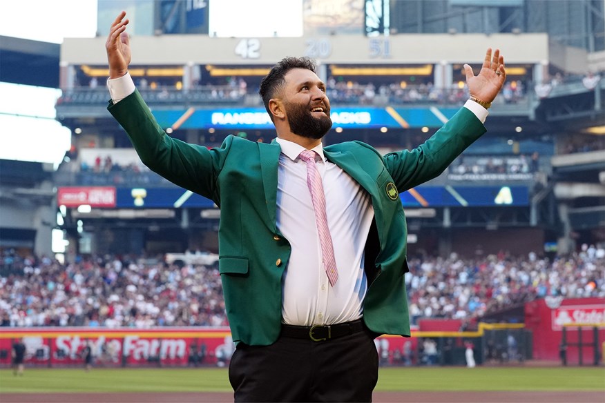 Jon Rahm threw the first pitch at the 2023 World Series in his Green Jacket