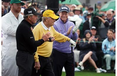 Gary Player, Jack Nicklaus, and Tom Watson perform their honorary starter duties at the 2024 Masters.