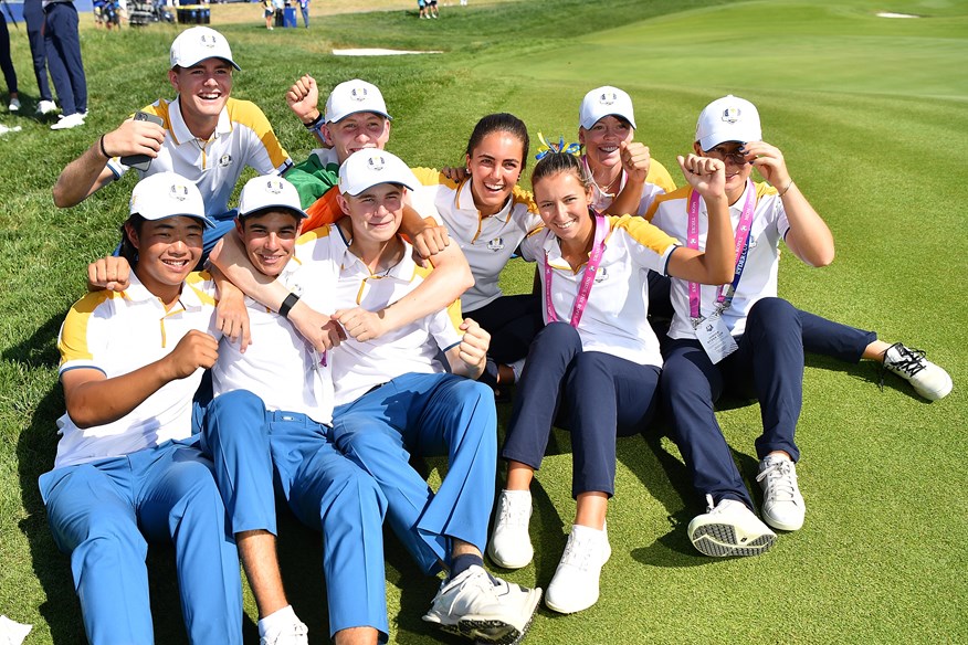 Kris Kim and Team Europe celebrate after winning 2023 Junior Ryder Cup.