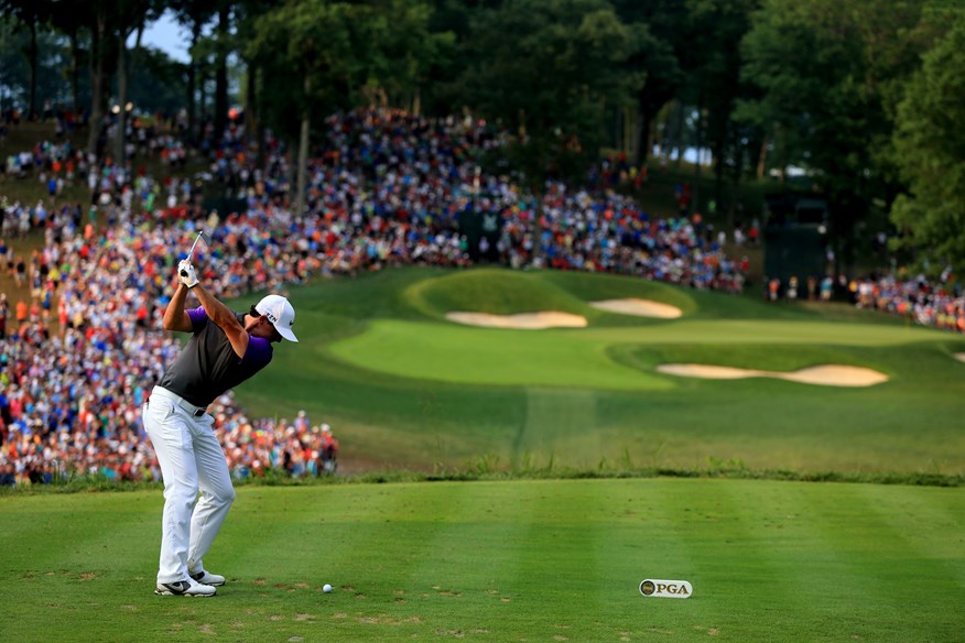 Rory McIlroy hitting into the par 3 14th hole at Valhalla Golf Club