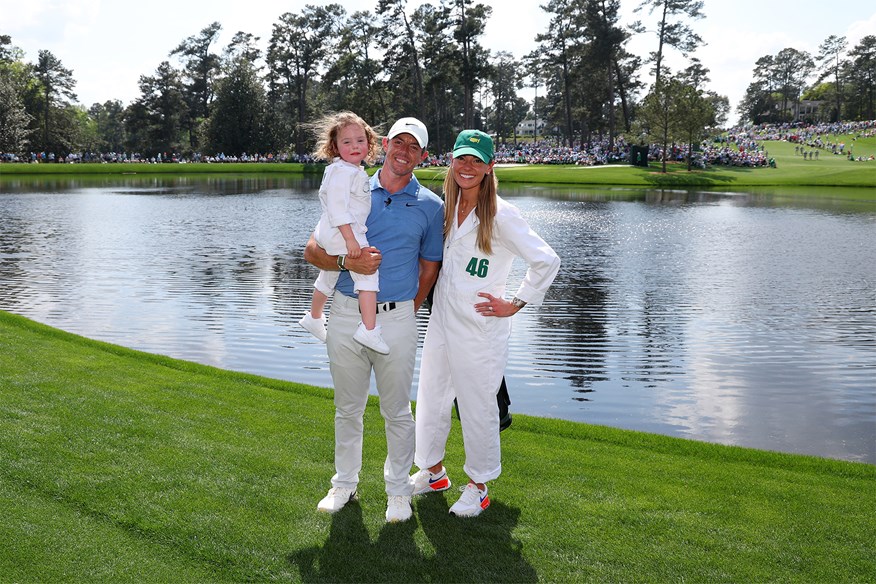 Rory McIlroy with Erica Stoll and their daughter Poppy at the 2023 Masters Tournament