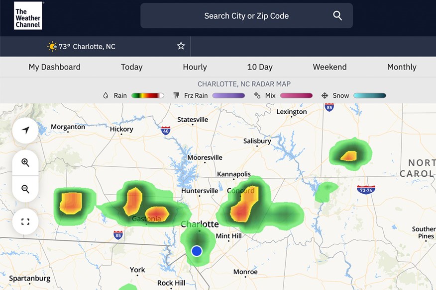 Third round storms over Charlotte in the third round of the PGA Championship, courtesy of The Weather Channel