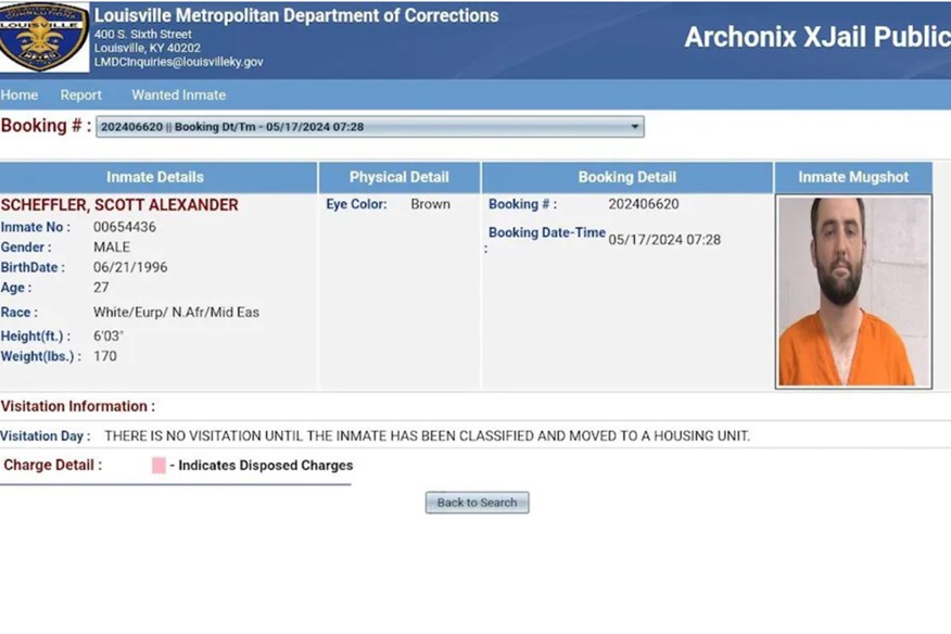 Scottie Scheffler is booked by Louisville Department of Corrections