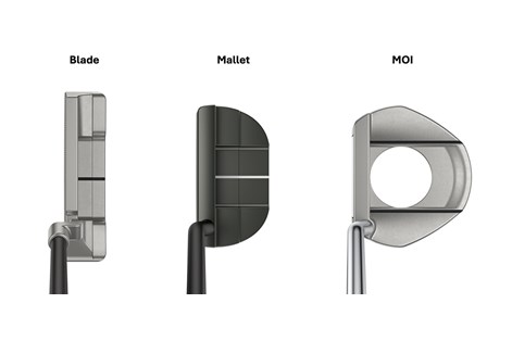 An image showing the difference in shape and profile between a Blade, Mallet and MOI putter.