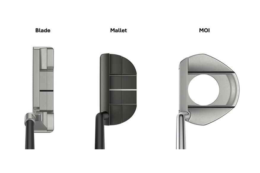 An image showing the difference in shape and profile between a Blade, Mallet and MOI putter.  