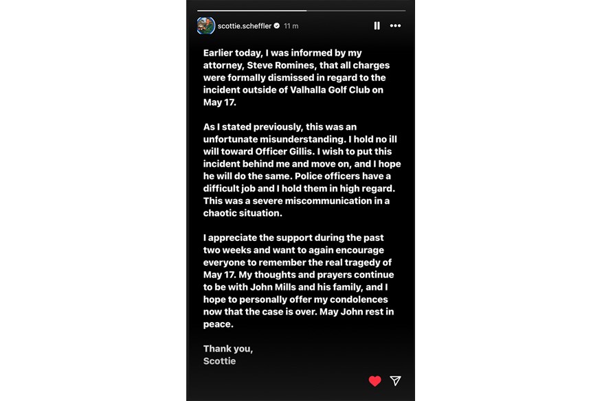 Scottie Scheffler's Instagram post responding to the charges against him being dropped